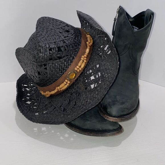 Vamuss Straw Cowboy Hat W/Vegan Leather Band & Beads, Shapeable Brim 57CM - Picture 3 of 11